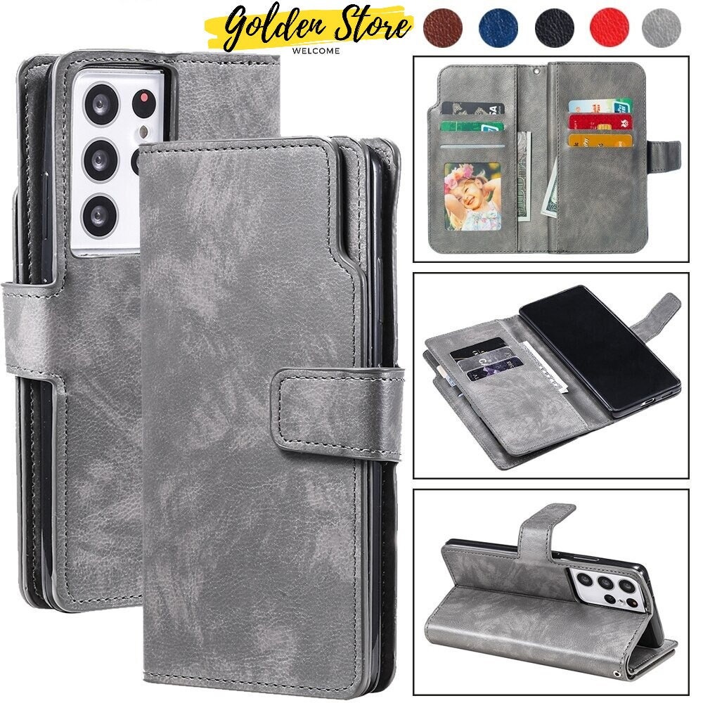 Samsung Galaxy S22 case Vintage PU Leather Wallet Case TPU Bumper Card  Slots Hands-Free Kickstand Magnetic Closure Shockproof Flip Folio Case for