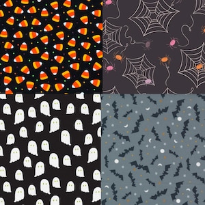 Halloween fabrics - Ghosts, Spiders, Candy Corn, Bats. Art Gallery, Moda and Paintbrush Studios.