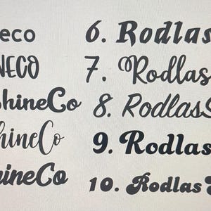 May include: A white background displays ten variations of the text "Rodlas ShineCo" in black. Each text sample showcases a different font style, ranging from simple to ornate, with varying levels of boldness and curvature.