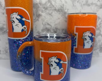 Denver Football Orange Blue Glitter Tumbler| Coffee Mug| Stainless Steel
