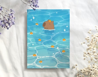 Capibara-kawaiikunstprint, schattige capibaraprint, capibara badend met sinaasappels