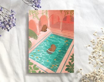 Capibara-sinaasappelprint, schattige capibaraprint, kawaii capibara-kunstprint, capibara's in de spa