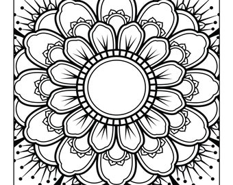 May include: Black and white mandala design with intricate details and a circular pattern. The design features a large flower with multiple layers of petals.