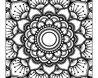 May include: Black and white mandala design with intricate floral patterns. The design features a central circle surrounded by layers of petals and geometric shapes.