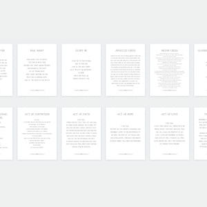 以下が含まれることがあります： 伝統的なカトリックの祈りや信心深い行為を特徴とする、印刷可能なカードのセット10枚。カードは白地に黒文字で、主の祈り、アヴェ・マリア、栄光は父に、使徒信条、ニカイア信条、守護天使への祈り、大天使ミカエルへの祈り、悔い改めの祈り、信仰の祈り、希望の祈り、愛の祈り、そしてメモラーレなどの祈りが含まれています。