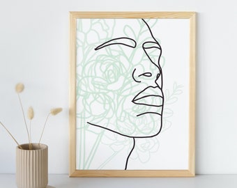 Abstract Face Art Print: Green Floral Line Drawing (Digital Download)
