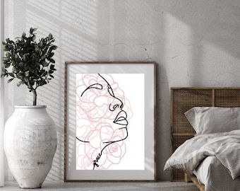 Soft Pink Line Art Print: Feminine Grace Portrait (Digital Download)