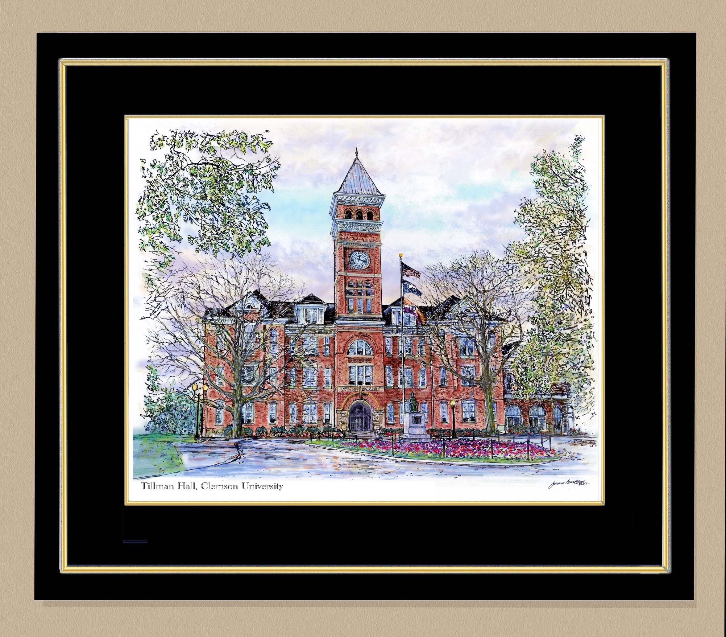 Clemson Universitytillman Hall Rendered in Ink With Water Color
