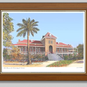 University of Arizona Old Main rendered in ink with water color graphic wall decor Artist signed print by James Beath