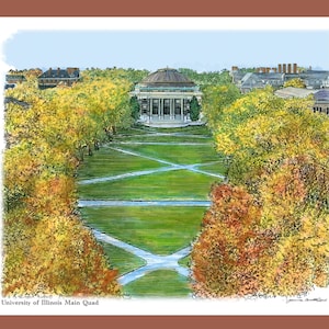 Può includere: Un'illustrazione colorata del Quad principale dell'Università dell'Illinois, con un grande edificio con una cupola al centro, circondato da alberi con foglie autunnali. Il quad è un'area erbosa con viali che si incrociano.