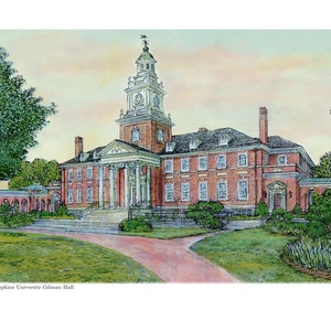 Johns Hopkins iconic Gillman Hall on the Homewood Campus rendered by hand with Pen & Ink high and water color by artist James Beath print