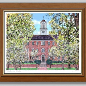 Ohio University Iconic building Cutler built in 1819  at the heart of the Campus Green print by the Artist James Beath Illustrated Painting