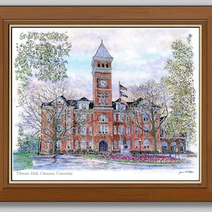 Clemson University-Tillman Hall rendered in ink with water color-Graphic wall decor-Artist signed print by James Beath