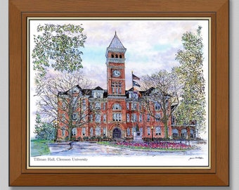 Clemson University-Tillman Hall rendered in ink with water color-Graphic wall decor-Artist signed print by James Beath