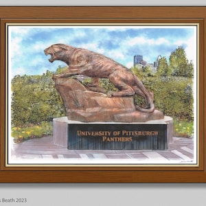 Pitt Panther Graphic Print of the Statue on the University of Pittsburg campus Pen & Ink with Water Color by Artist James Beath