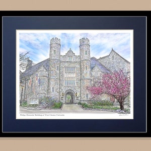 Philips Memorial Building at West Chester University Graphic Art Print of the central building on the campus -Gothic Architecture style