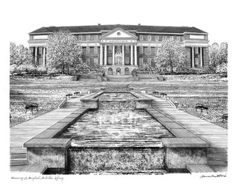 U of Maryland Pen & Ink graphic Print 8.5" x 11" rendered with McKeldin Mall Signed by Artist James Beath