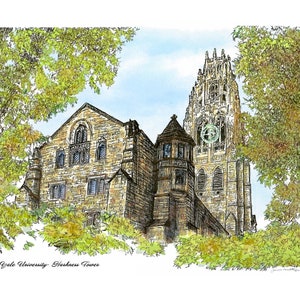 YALE Harkness Tower Pen and Ink with Water Color New Haven Connecticut built in 1922 Collegiate Gothic Style at Branford College courtyard