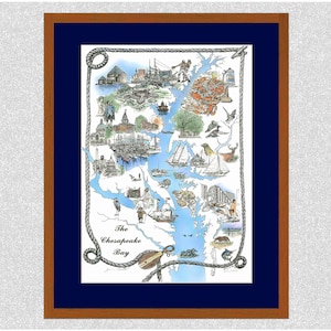 Bay Map of the Chesapeake Bay by James Beath pen & ink with  color on heavy paper 13 x 19 inch