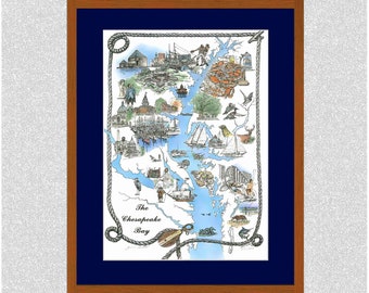 Chesapeake Bay Map Print, Pen & Ink Illustration (13x19 inch)