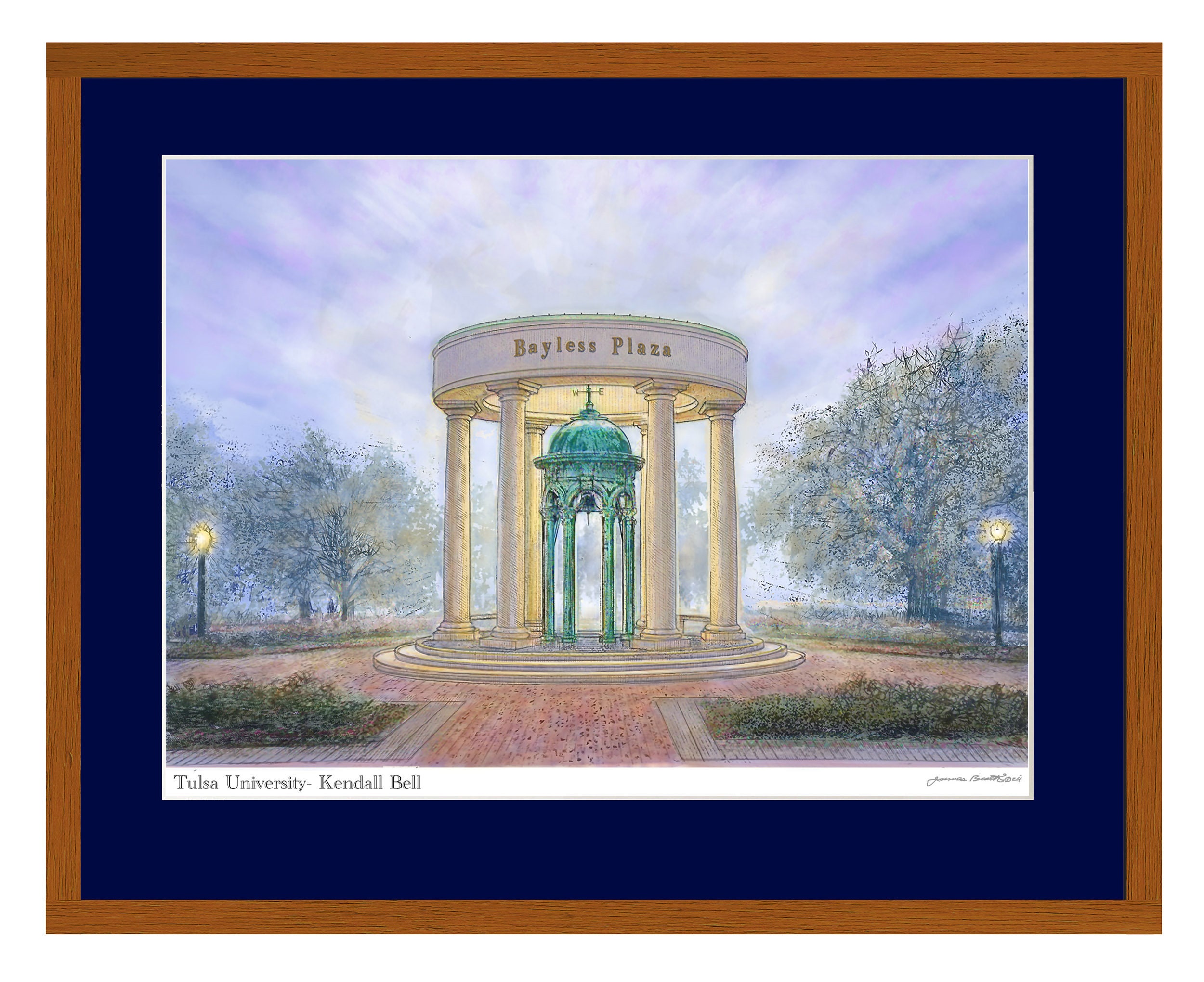 The University of Tulsa Bayless Plaza Kendall Bell Rendered in Ink With