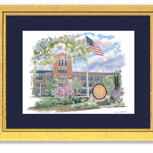 May include: A watercolor illustration of a brick building with a tall tower and a flagpole with an American flag. The building is surrounded by trees and flowers. The building has a large seal on the front with the words "University of Toledo" inscribed on it.