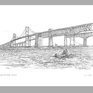 Chesapeake Bay Bridge Maryland pen line art graphic wall decor for home or office by James Beath