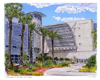 University of Nevada Las Vegas Lied Library Water Color and Pen & Ink Graphic Print by James Beath