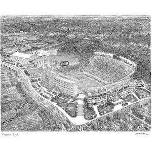 Virginia Tech Stadium and campus by the Artist James Beath Ink rendering Graphic Print