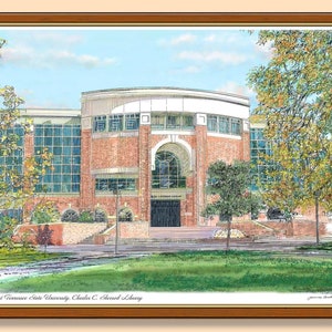 May include: A hand-drawn illustration of the Charles C. Sherrod Library at East Tennessee State University. The building is brick with a large arched entrance and a green lawn in front. The illustration is done in a realistic style with a focus on detail.