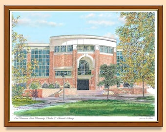 May include: A hand-drawn illustration of the Charles C. Sherrod Library at East Tennessee State University. The building is brick with a large arched entrance and a green lawn in front. The illustration is done in a realistic style with a focus on detail.