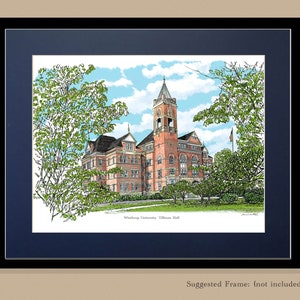 Decoración de pared con gráficos de acuarela y pluma de la Universidad Winthrop-Tillman Hall, regalo de graduación