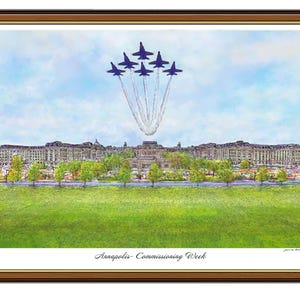 Annapolis com wk celebration with the Blue Angels over Bancroft Hall on the Chesapeake graphic art wall decor signed by artist James Beath