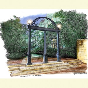 Graphic Print of the University of Georgia Arch Pen & Ink with Water Color by Artist James Beath