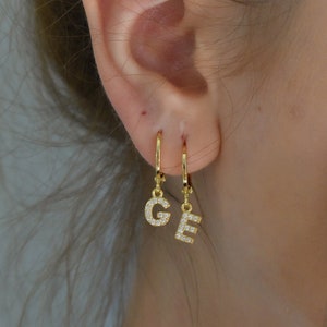Gold Initial Earrings, Letter Earrings, Gold Zodiac Earrings, Zodiac Sign, Zircon Stone Earrings, WATERPROOF Gold Hoop Earrings