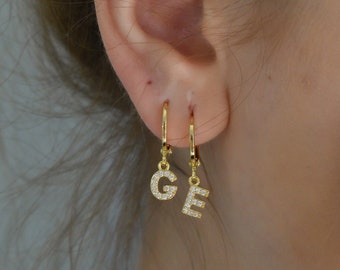 Gold Initial Earrings, Letter Earrings, Gold Zodiac Earrings, Zodiac Sign, Zircon Stone Earrings, WATERPROOF Gold Hoop Earrings