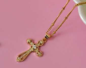 Gold Cross Necklace Gold Dainty Religious Cross Unisex Women Men Kids Necklace Stainless Steel Chain Pray Rosary Pendant Gift, Mothers Day