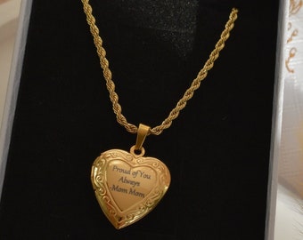Gold Heart Locket Necklace, Vintage Locket, Photo Necklace, Engraved Custom Necklace, Personalized Jewelry, Gift Mom Dad Her Christmas Gifts