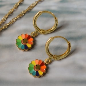 Daisy Earrings Colorful Flower Earrings · Taboo Necklace Earrings SET Rainbow Pendant Solid Gold Filled Girl Daughter Gift Handmade Jewelry