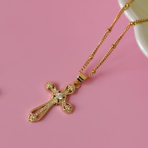 Gold Cross Necklace Gold Dainty Religious Cross Unisex Women Men Kids Necklace Stainless Steel Chain Pray Rosary Pendant Gift, Mothers Day