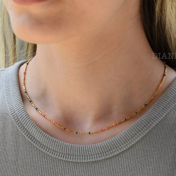 Gold Filled 14K Colorful Necklace, Boho Bead Chain WATERPROOF Jewelry Women Summer Style Necklace, Dainty Minimalist Chain Handmade Necklace