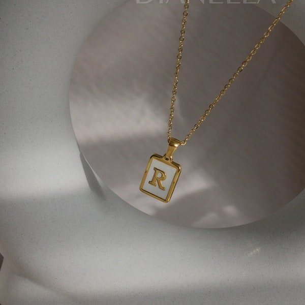 Gold Initial Letter R Necklace, Mother of Pearl Initial Necklace Name Custom Zodiac Leo Libra Cancer Capricorn Pisces, Handmade Gift for Her