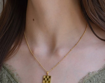 18K Gold Checker Custom Square Pendant Vintage Style Necklace Gold Jewelry Choker Her Necklace Herringbone Waterproof Chess Board Necklace