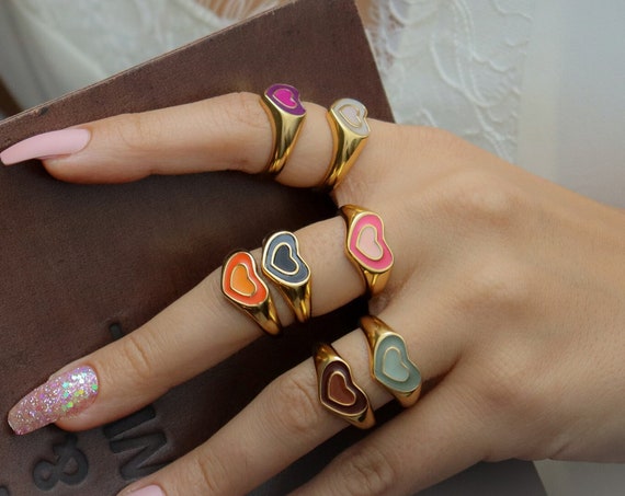 18K Gold Summer Jewelry Colorful Ring, Statement Rings Stainless Steel WATERPROOF Rings Heart Ring Finger Pink Green Red White Black Purple