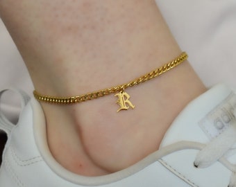 Gold Filled Old English Letter Initial Best Daily Anklet, A E J K L N R S T Custom Anklet, Handmade Best Beach Body Jewelry WATERPROOF Gift