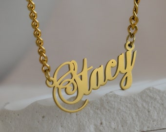 Custom Name Necklace · Personalized Name Necklace, Stacy Handmade Necklace Gold Gift Jewelry For Her Love Old English Cursive Font Script