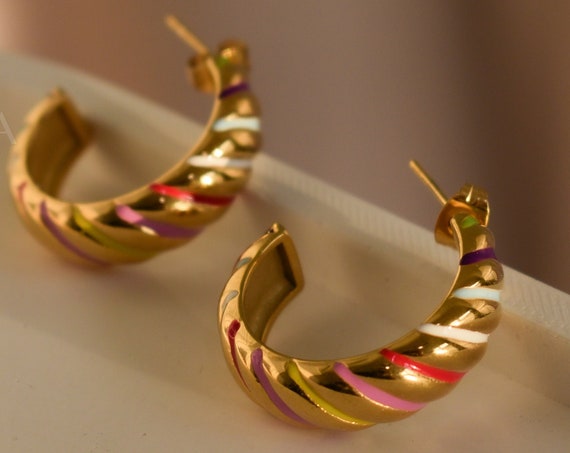 18K Gold Filled Croissant Earrings WATERPROOF Jewelry Hoop Earrings Enamel Colorful Handmade Stud Earrings Non Tarnish Summer Style Earrings