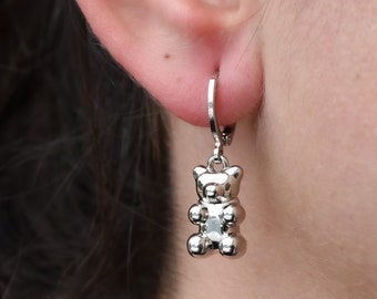 Silver Bear Earrings - Teddy Bear Earrings, Crystal Gem Charm Hoop Animal Earrings, Sterling Silver Dangle Hoop Earrings Best Gift For Her