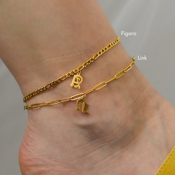 18K Gold Old English Letter Initial Pearl Daily Anklet, Personalized A C M Anklets, Dainty Anklet, Stainless Steel WATERPROOF Gift for Women