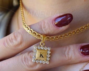 GOLD FILLED Vintage Initial Alphabet Necklace· Crystal Necklace WATERPROOF Jewelry, Gold Crystal Initial Pendant Necklace, Christmas Gifts